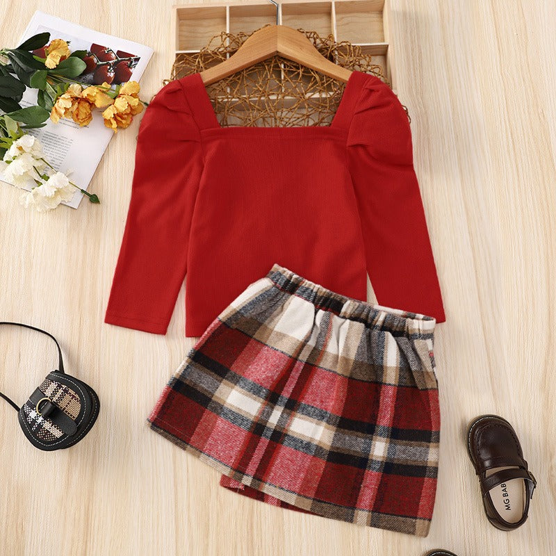 Red Long Sleeved Mid Autumn Children's Autumn Dress Tartan Suit - Korvel