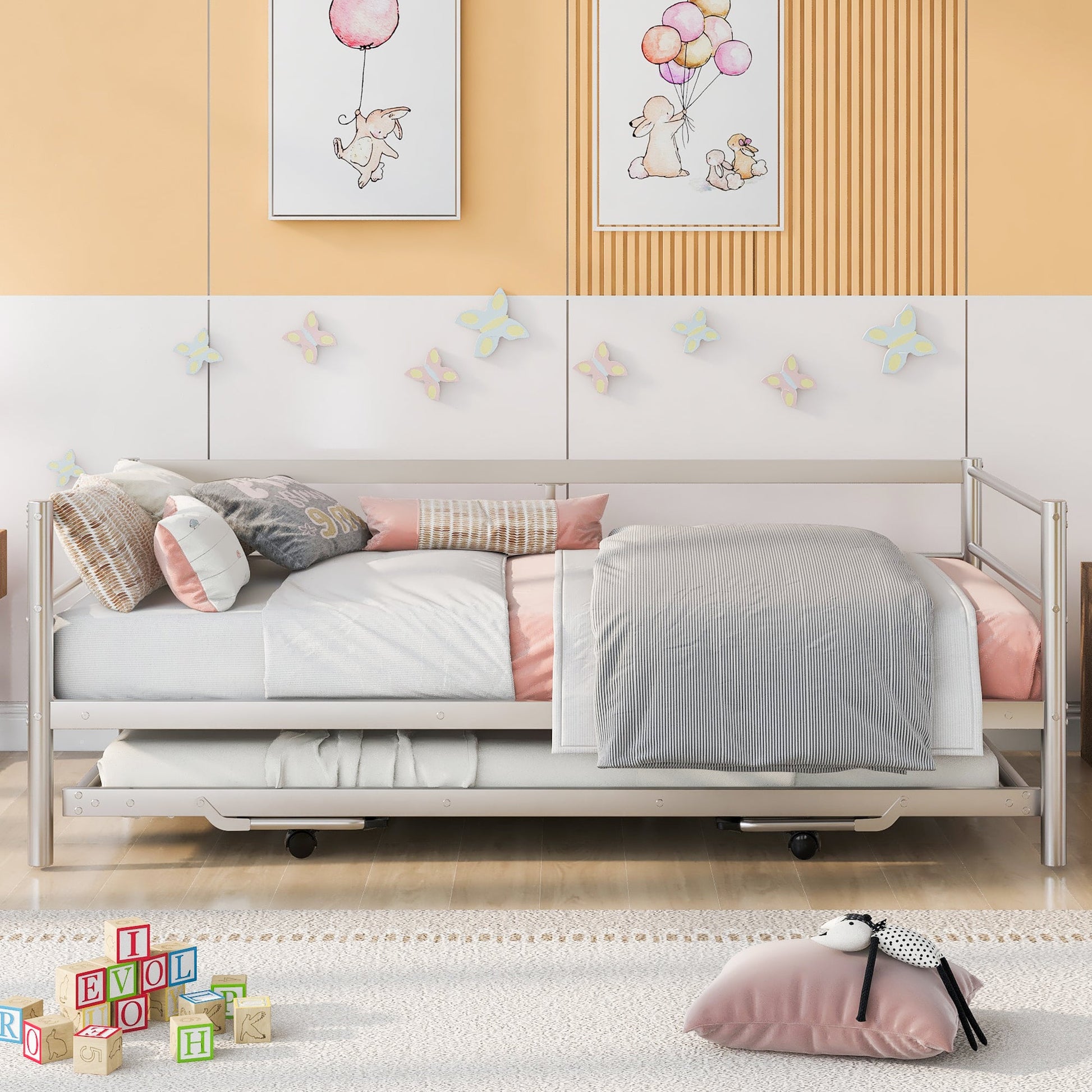 Twin Size Metal Daybed with Adjustable Trundle  Pop Up Trundle  Silver - Korvel