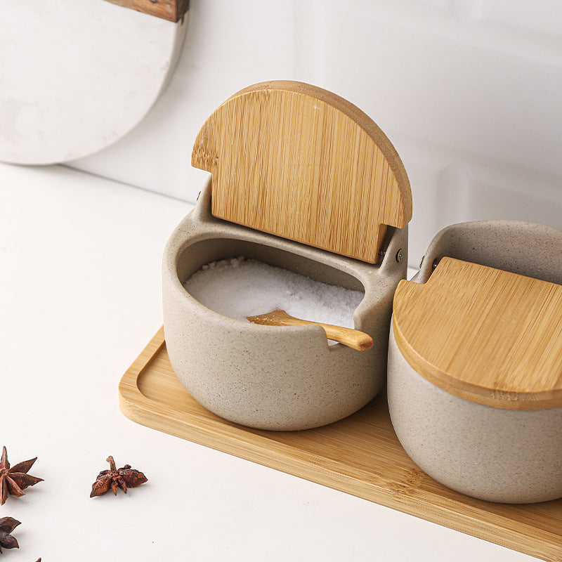Japanese Ceramic Seasoning Jar Set with Bamboo Lid