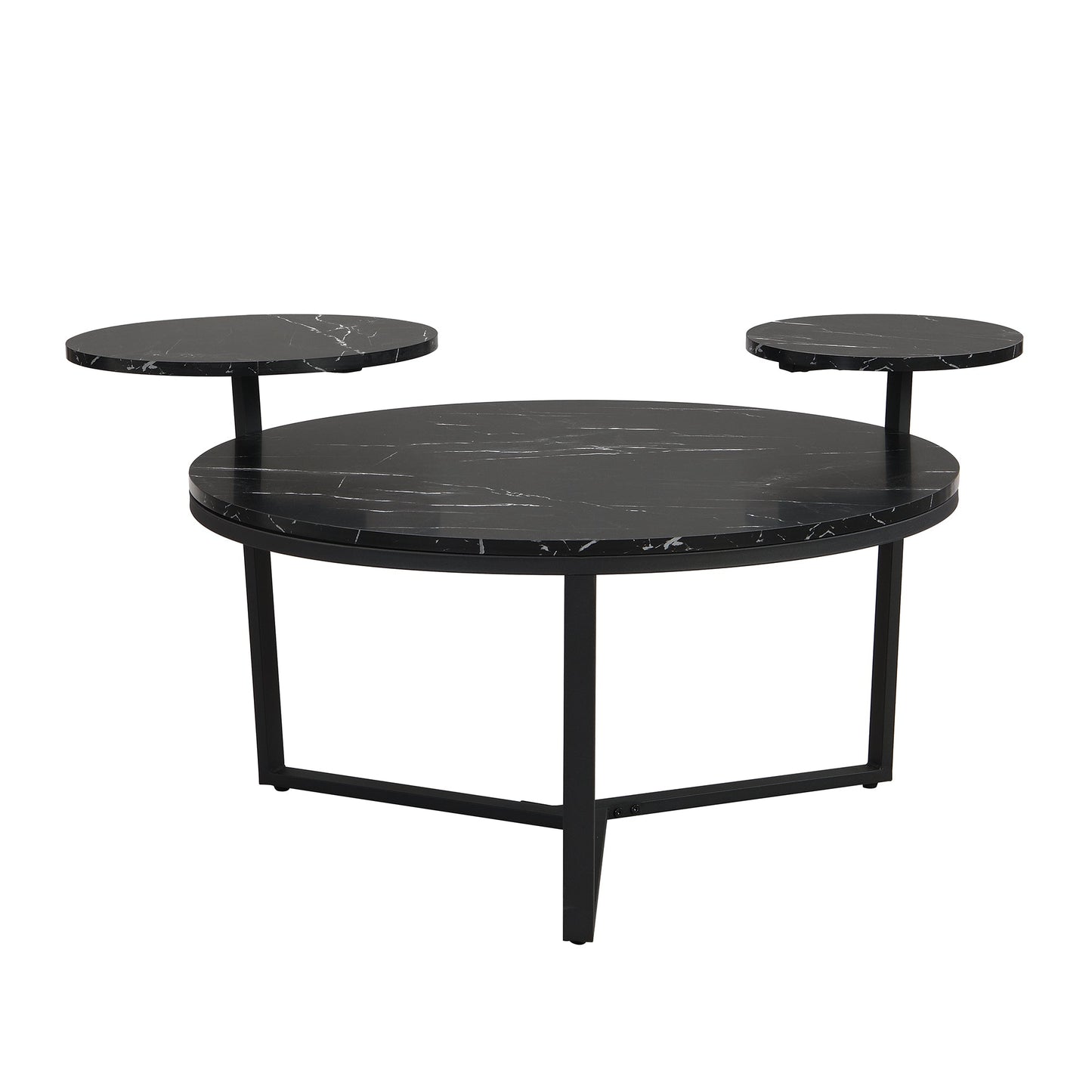 Modern coffee table with two display shelves, Black Faux marble surfaces, Tripod-inspired base,Rounded tabletop edges - Korvel