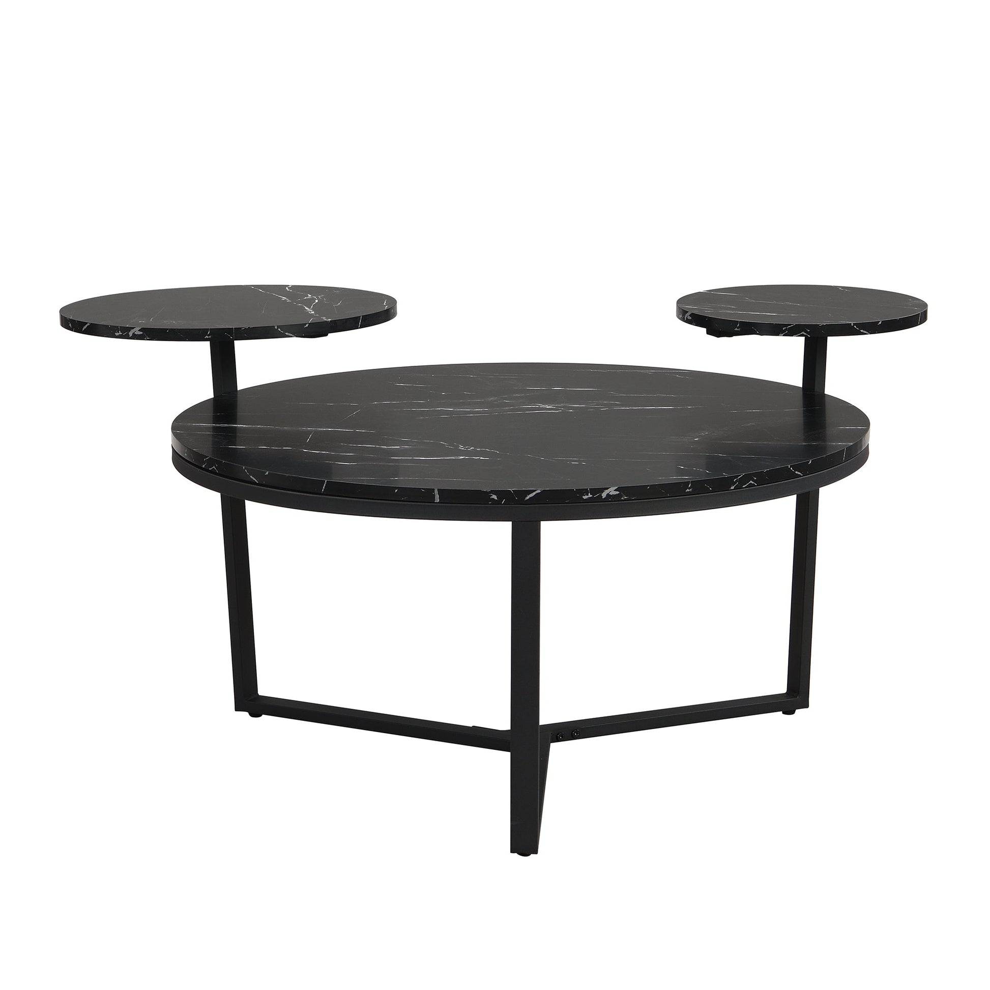 Modern coffee table with two display shelves, Black Faux marble surfaces, Tripod-inspired base,Rounded tabletop edges - Korvel