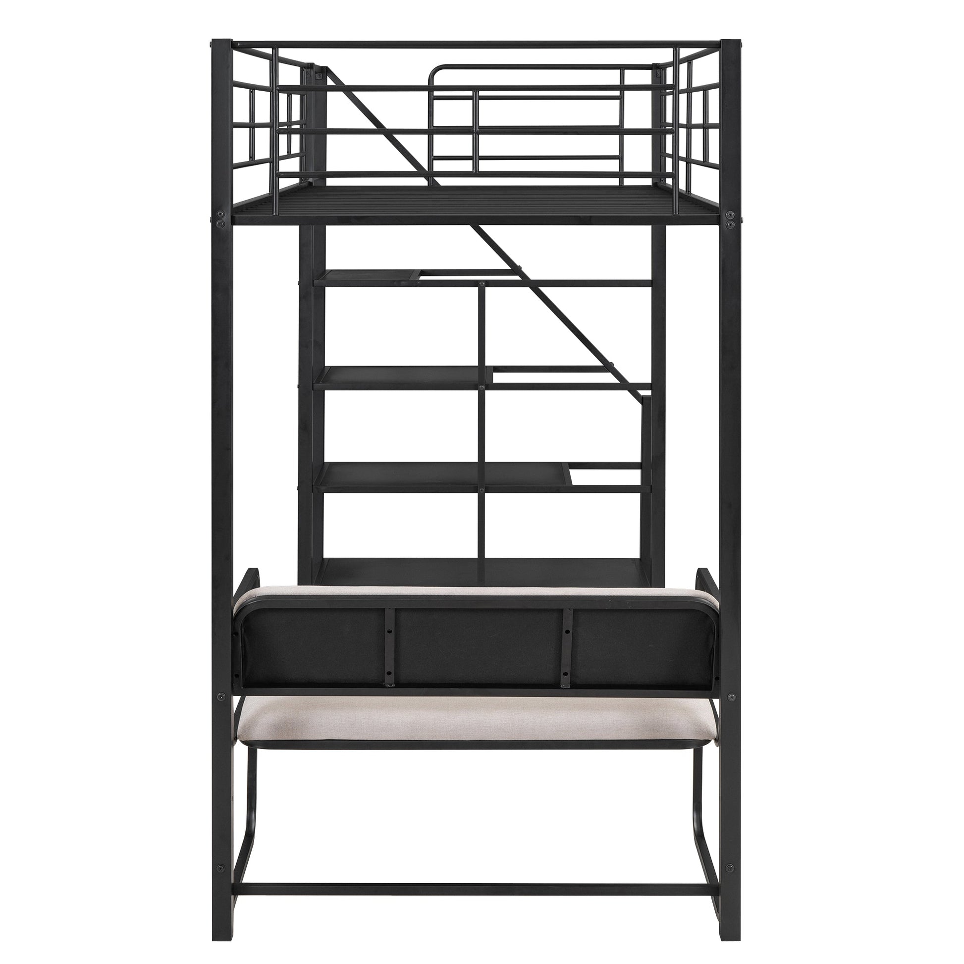 Twin Size Metal Loft Bed with Bench and Storage Staircase  Black - Korvel