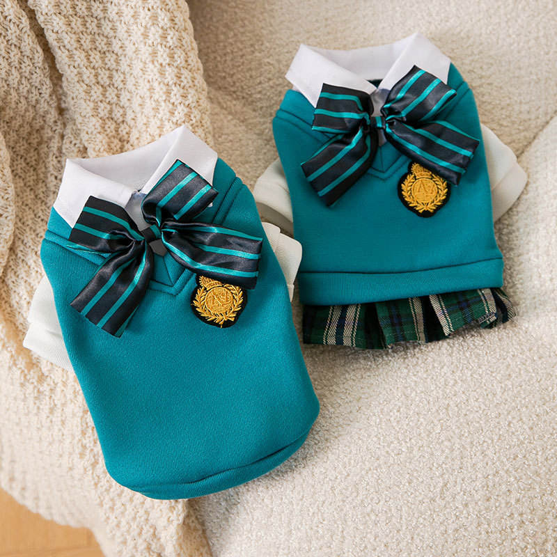 Autumn And Winter New Puppy Dog College Style Uniform Bow Tie Cat Fake Two Pieces Couple Clothes Small And Medium-Sized Dog Pet Clothes - Korvel