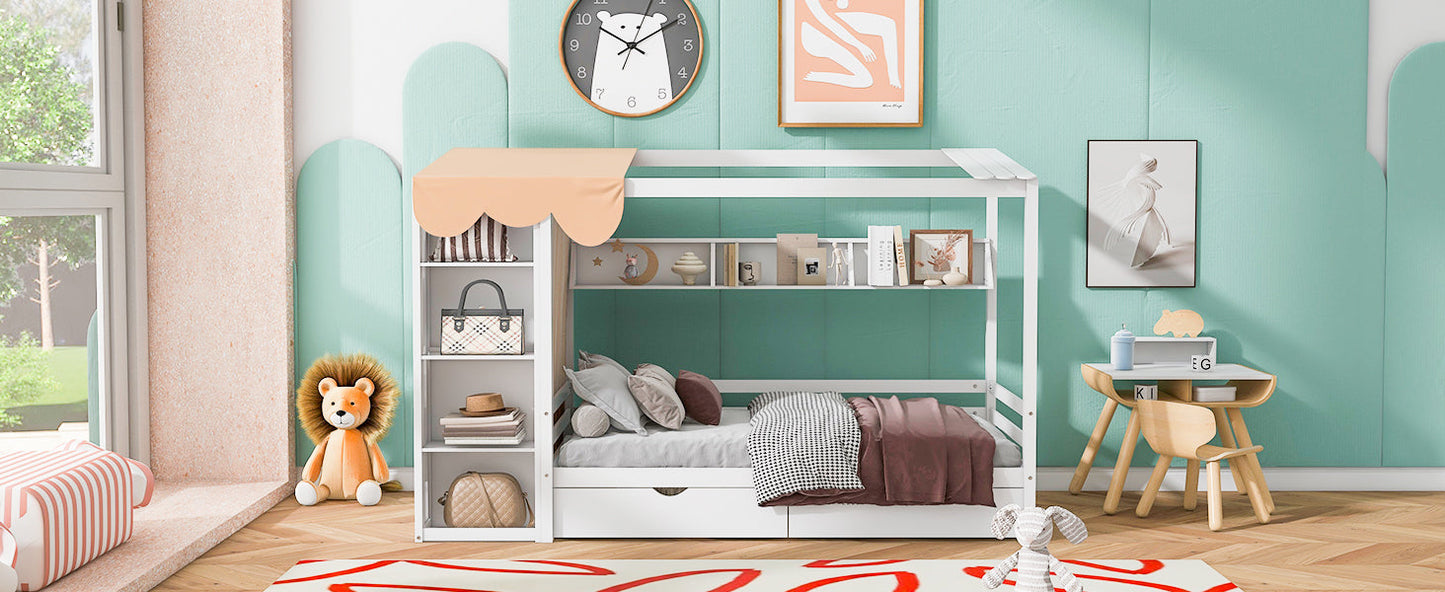 Twin Size House Bed with Two Drawers and Wardrobe - White