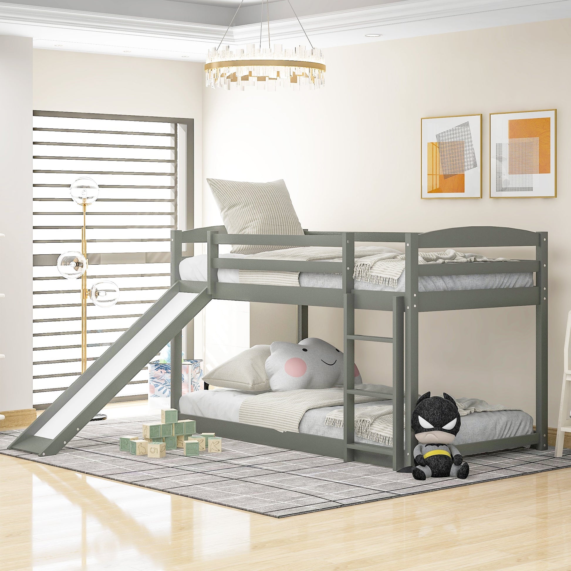 Twin over Twin Bunk Bed with Convertible Slide and Ladder Gray - Korvel