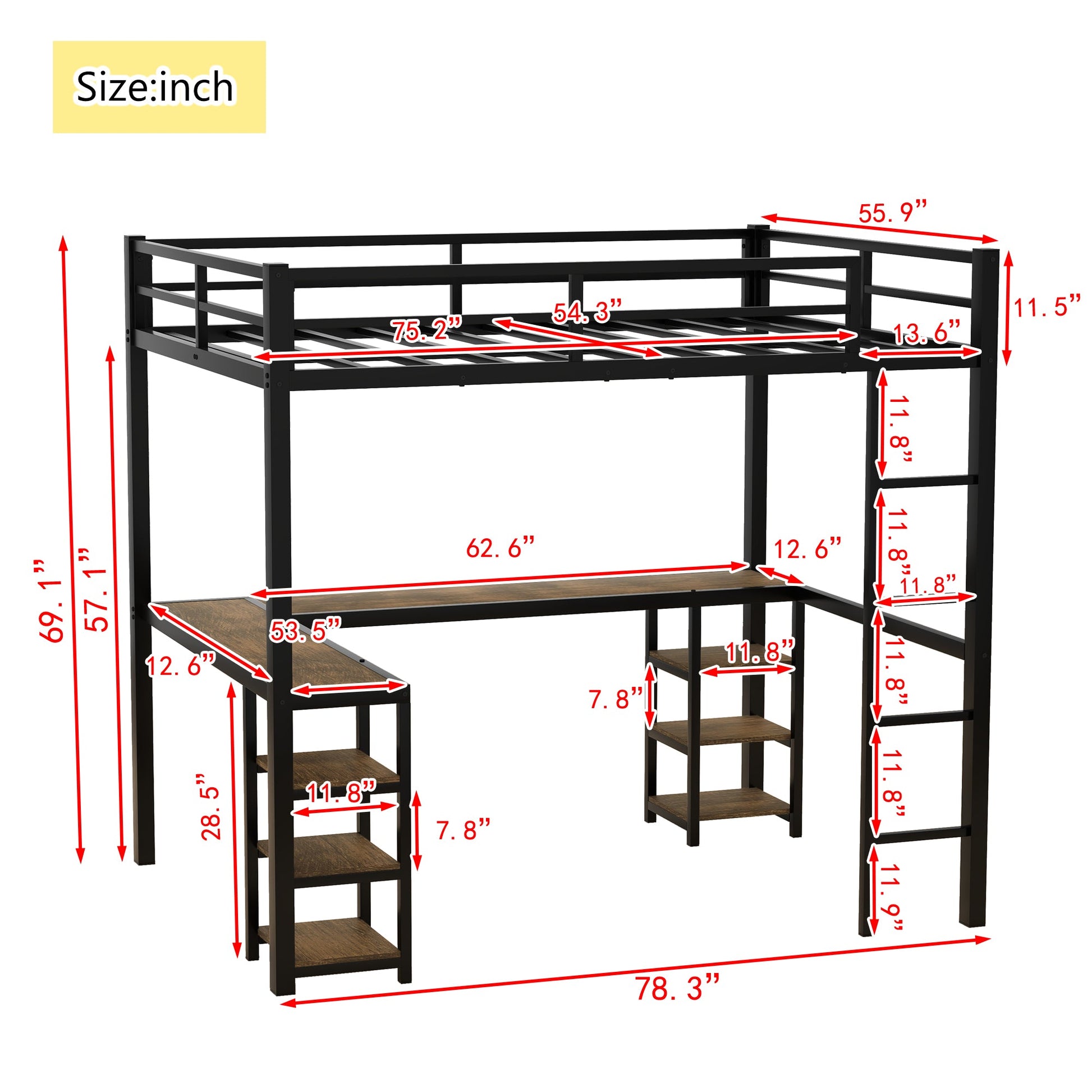 Full metal loft bed with desk and shelf, loft bed with ladder and guardrail, bedroom loft bed frame, black - Korvel
