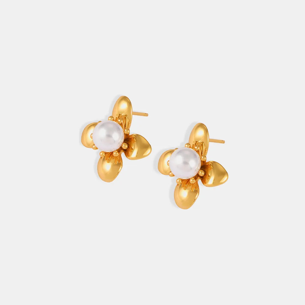 Synthetic Pearl Titanium Steel Flower Earrings - Korvel
