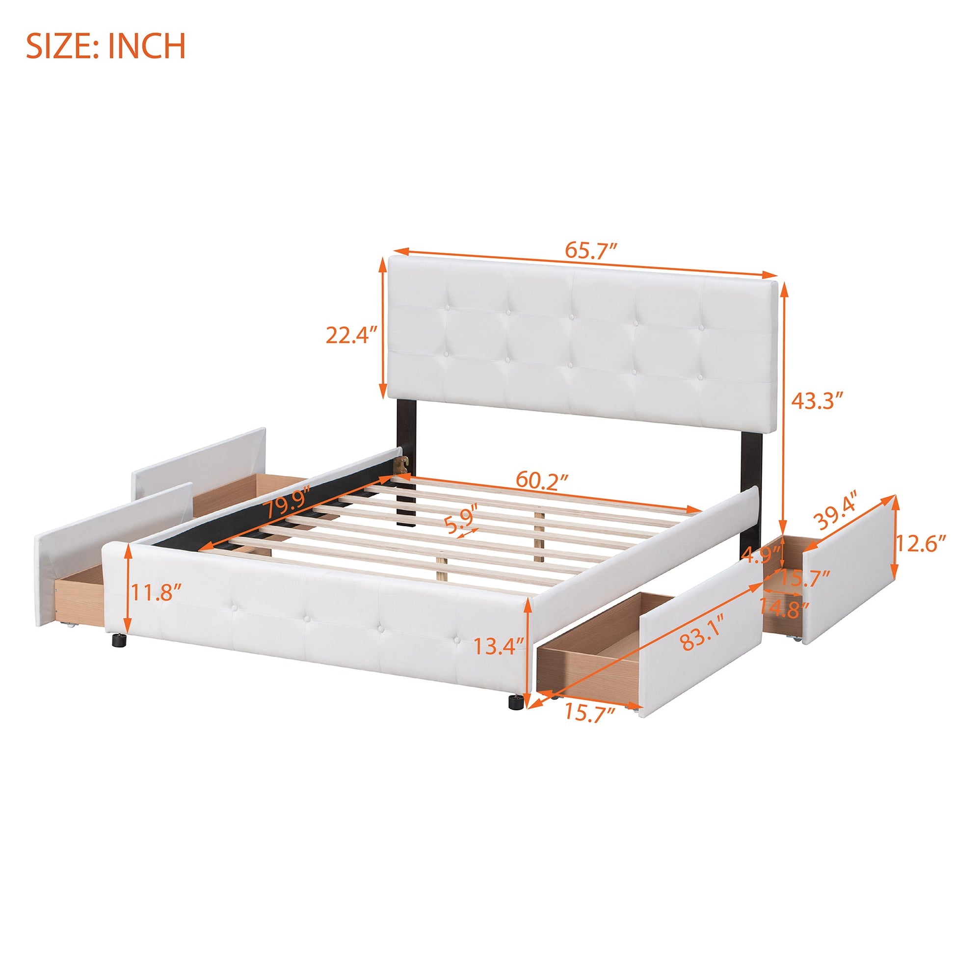Upholstered Platform Bed with Classic Headboard and 4 Drawers No Box Spring Needed Linen Fabric Queen Size White - Korvel