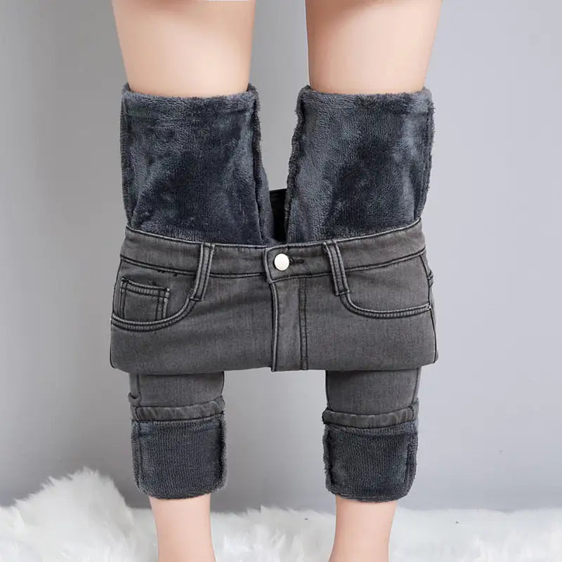 Velvet-Lined Thick Denim Pants for Ultimate Comfort