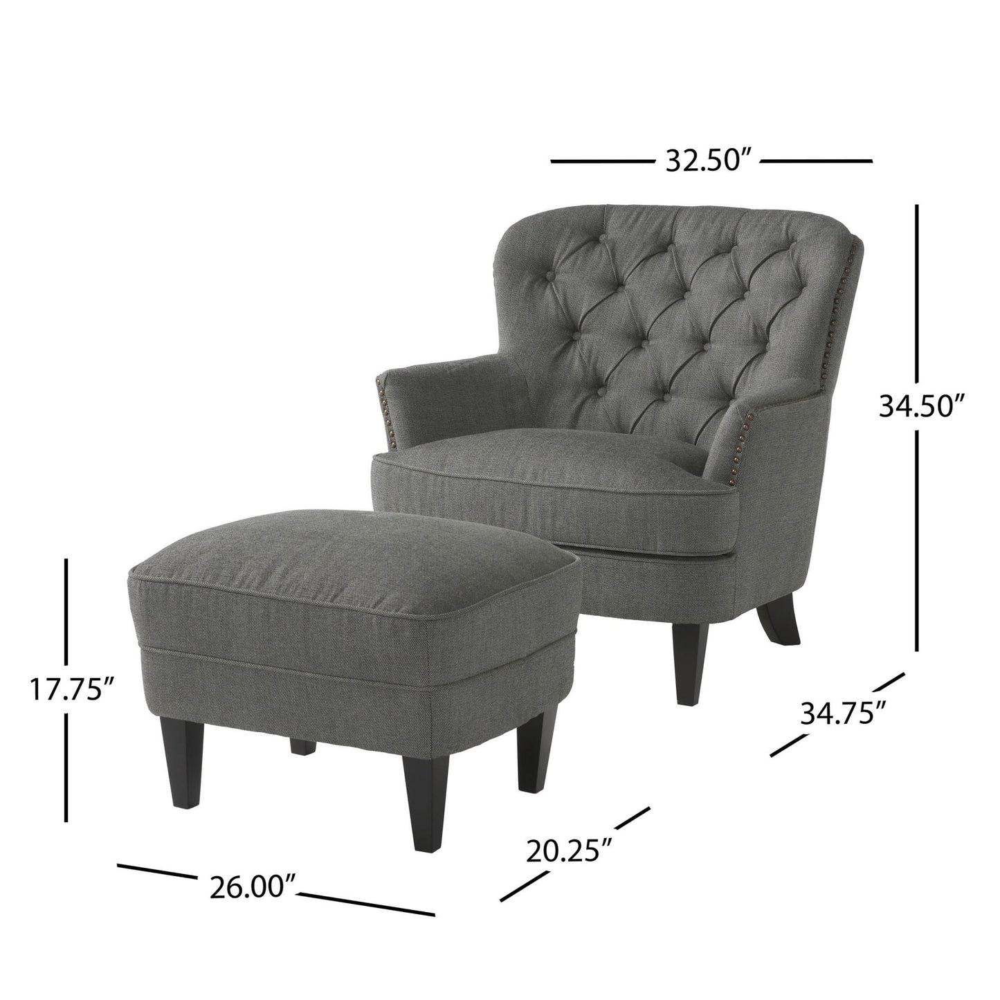 Modern grey fabric club chair and Ottoman set, stylish cushioned armchair, paired with Ottoman style - Korvel