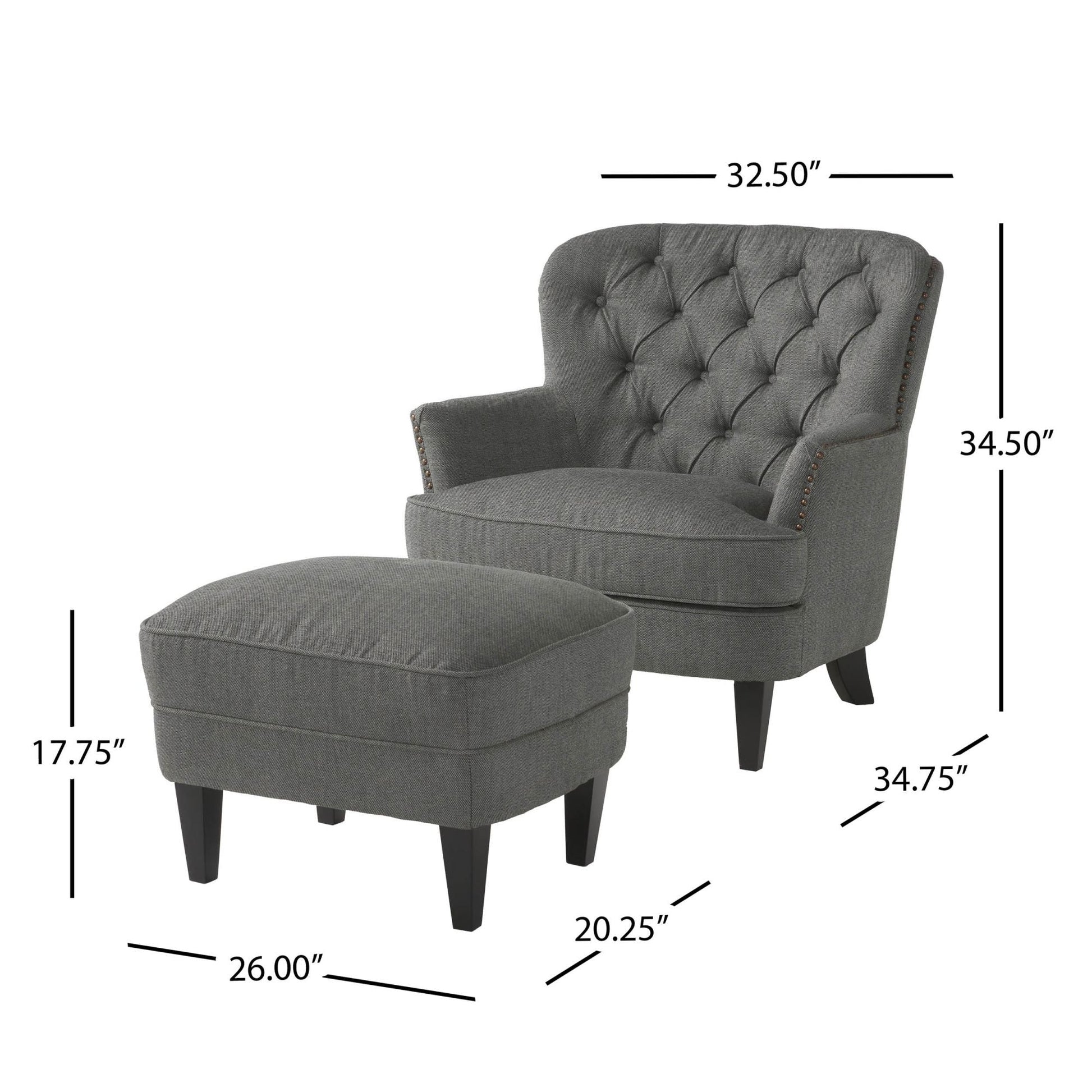 Modern grey fabric club chair and Ottoman set, stylish cushioned armchair, paired with Ottoman style - Korvel