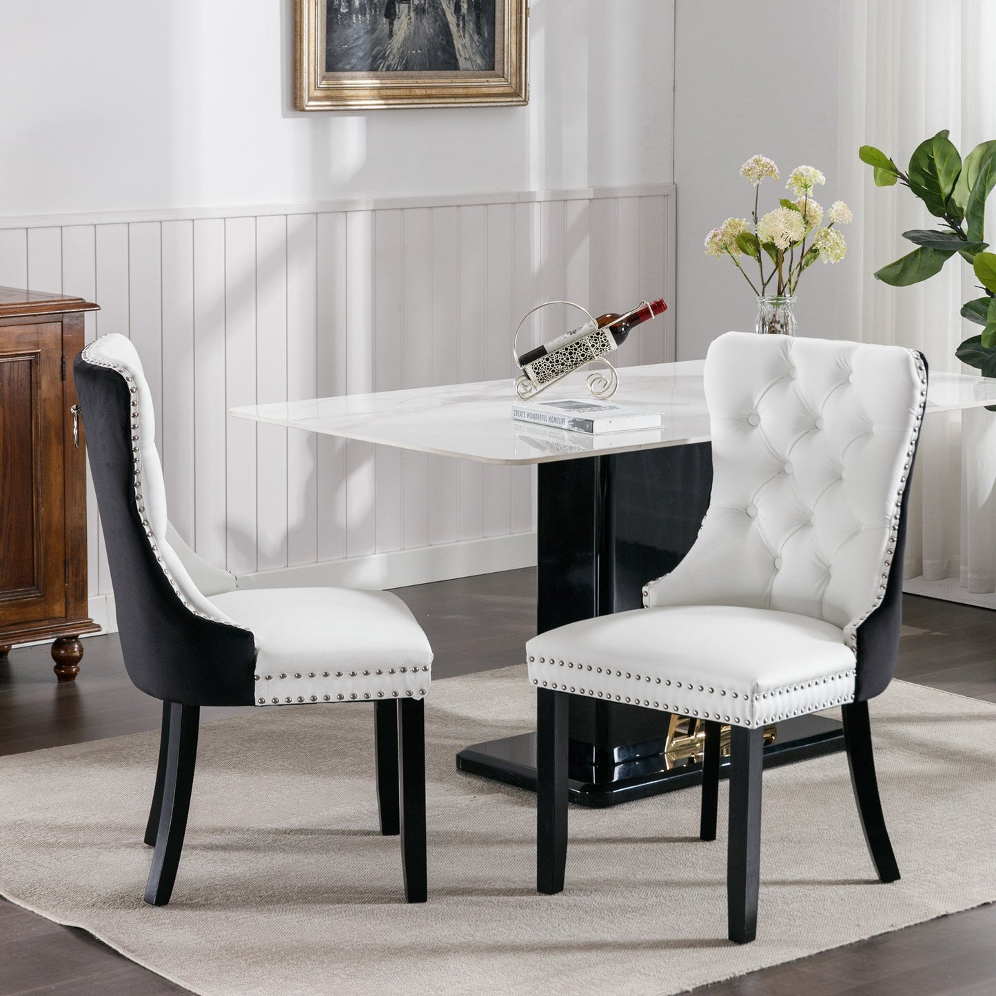 Tufted Solid Wood Dining Chairs - 2-Piece Set in White and Black