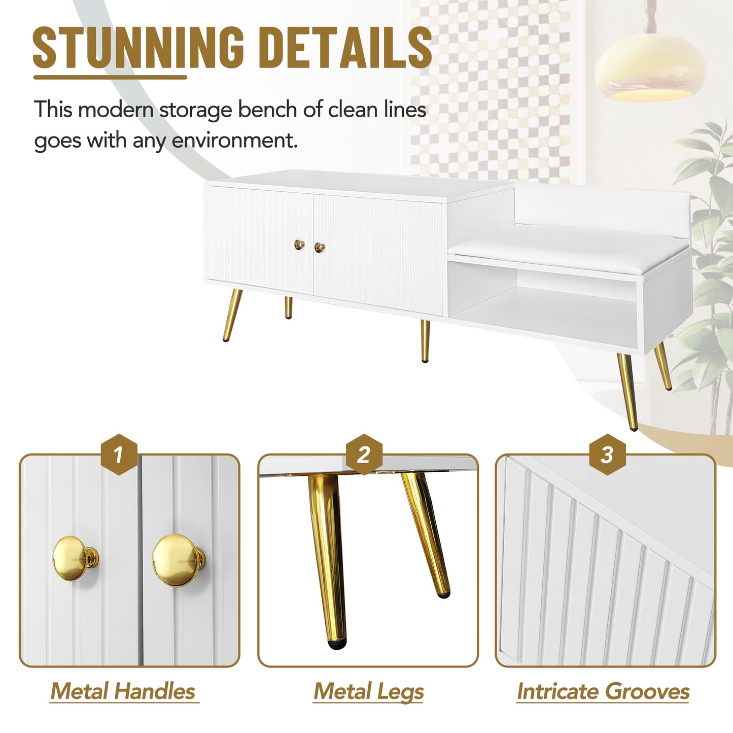 Banc de rangement pour chaussures blanc moderne avec rangement caché