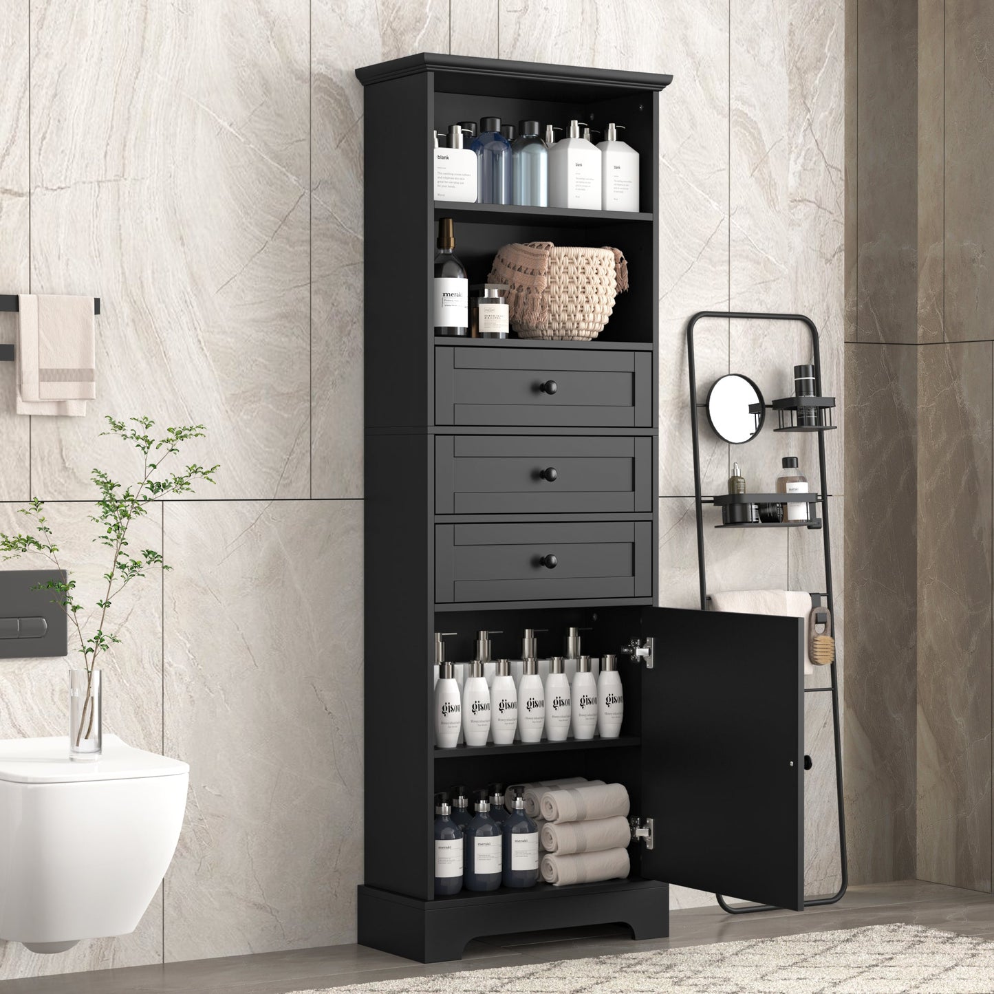 Elegant Black High Storage Cabinet with 3 Drawers