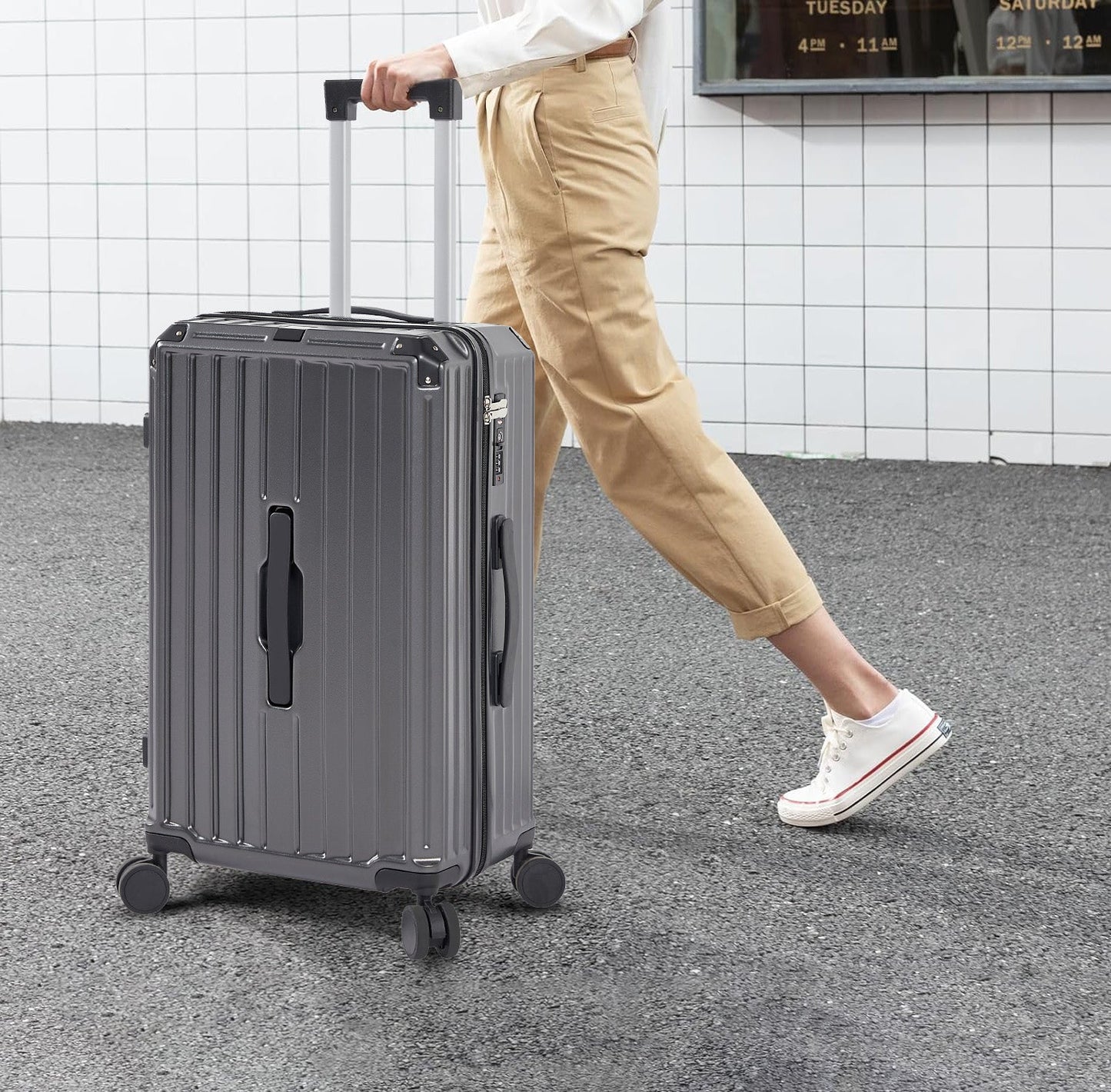 Luggage Set 4 pcs (20"/24"/29"/Travel Bag), PC+ABS Durable Lightweight Luggage with Collapsible Cup Holder, TSA Lock, Gray - Korvel