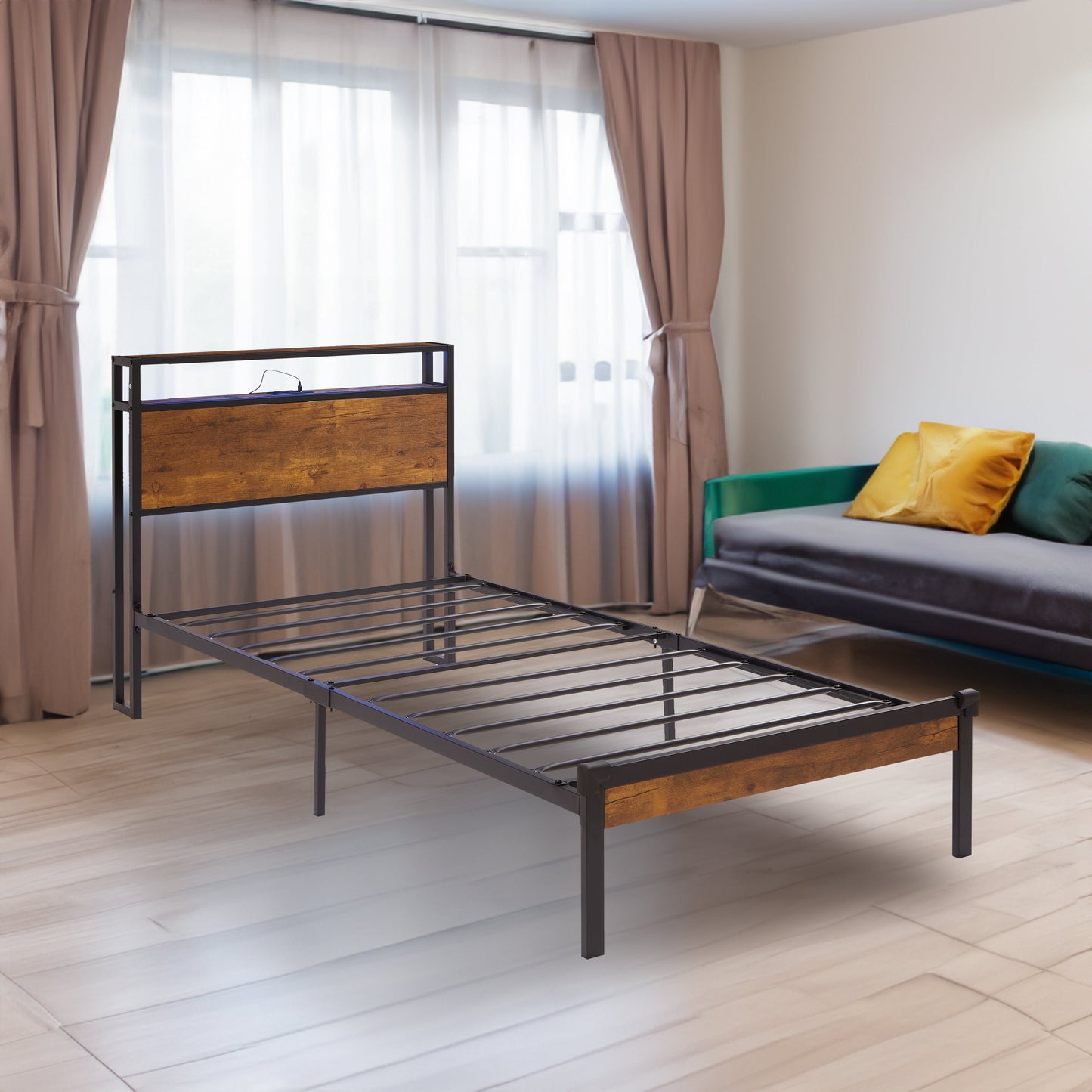 Dual size metal platform bed frame with wooden headboard and footrest, USB LINER, LED lights - Korvel