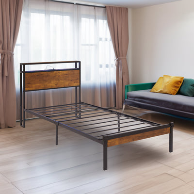 Dual size metal platform bed frame with wooden headboard and footrest, USB LINER, LED lights - Korvel