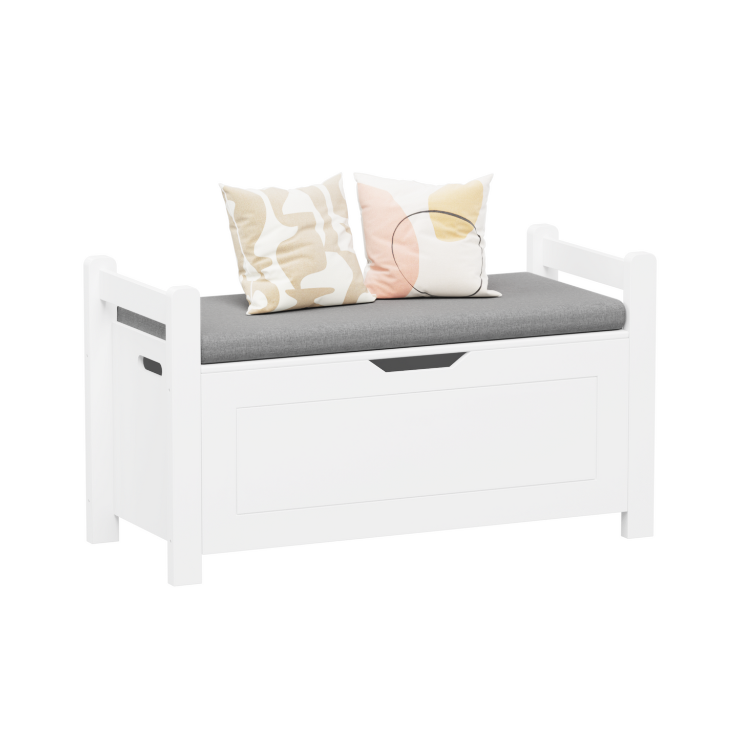 A white rubber wood children's toy box with soft cushioned seats, stools, flip covers, and safety hinges for toy storage - Korvel