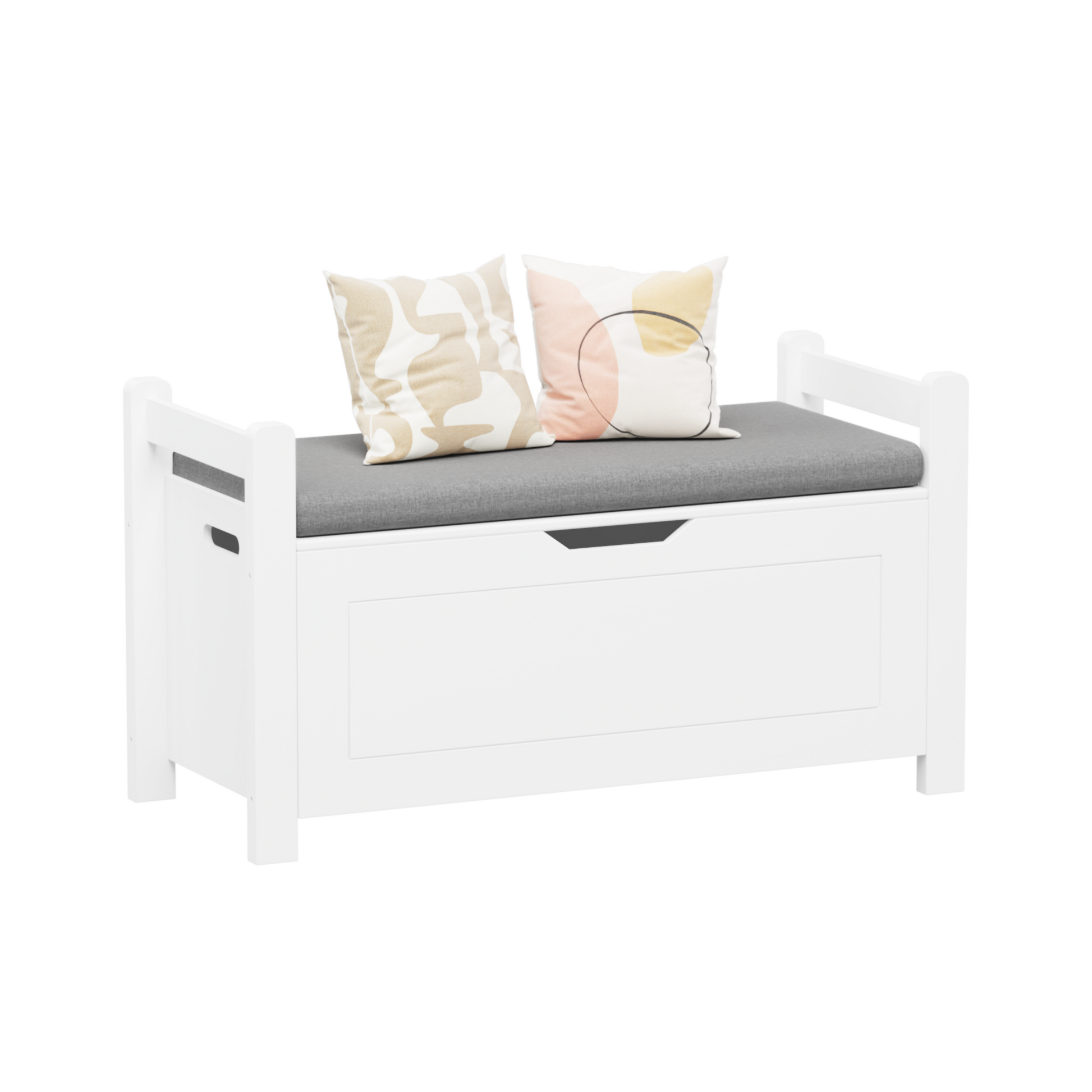 A white rubber wood children's toy box with soft cushioned seats, stools, flip covers, and safety hinges for toy storage - Korvel