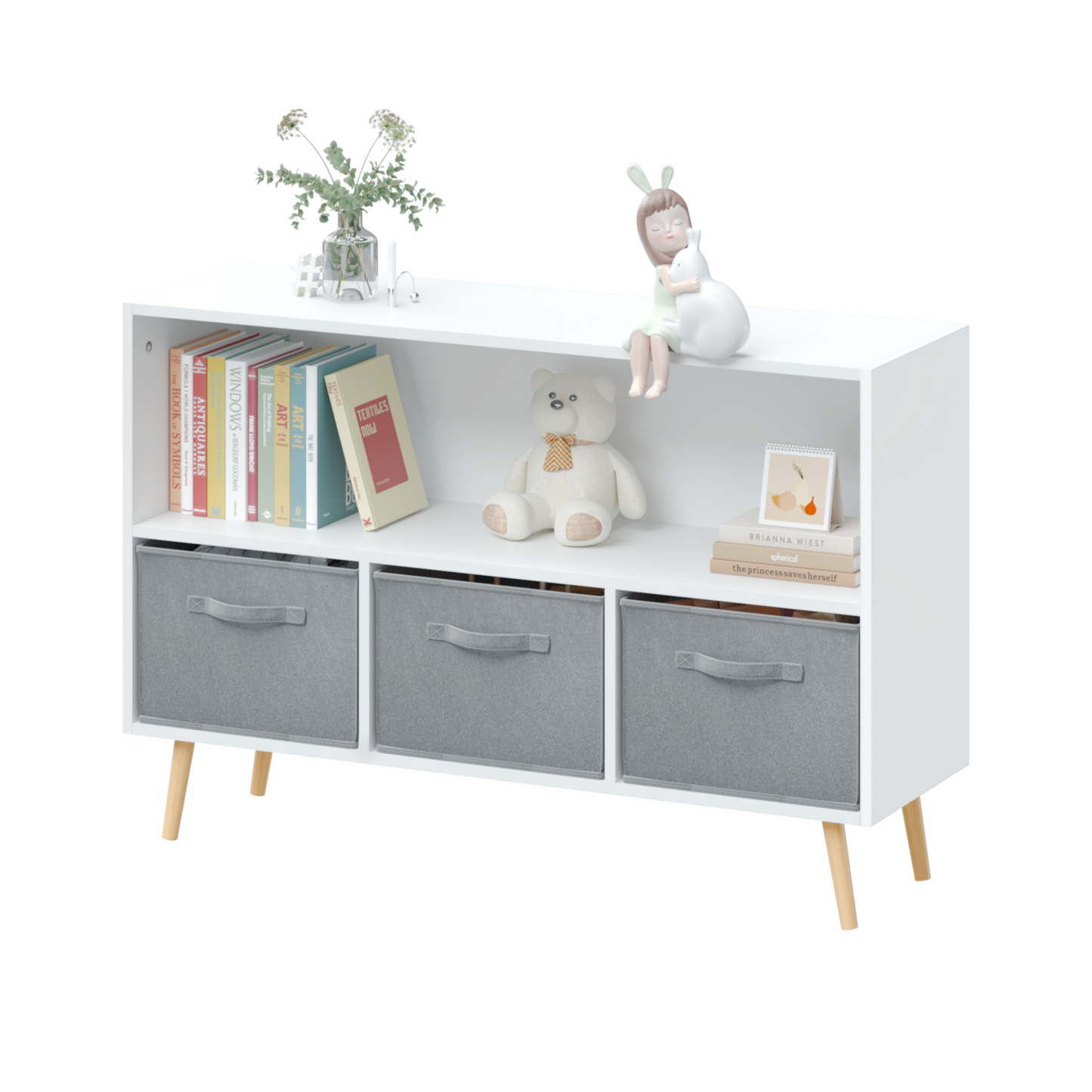 Kids bookcase with Collapsible Fabric Drawers Children's Book Display Toy Storage Cabinet Organizer White/Gray - Korvel