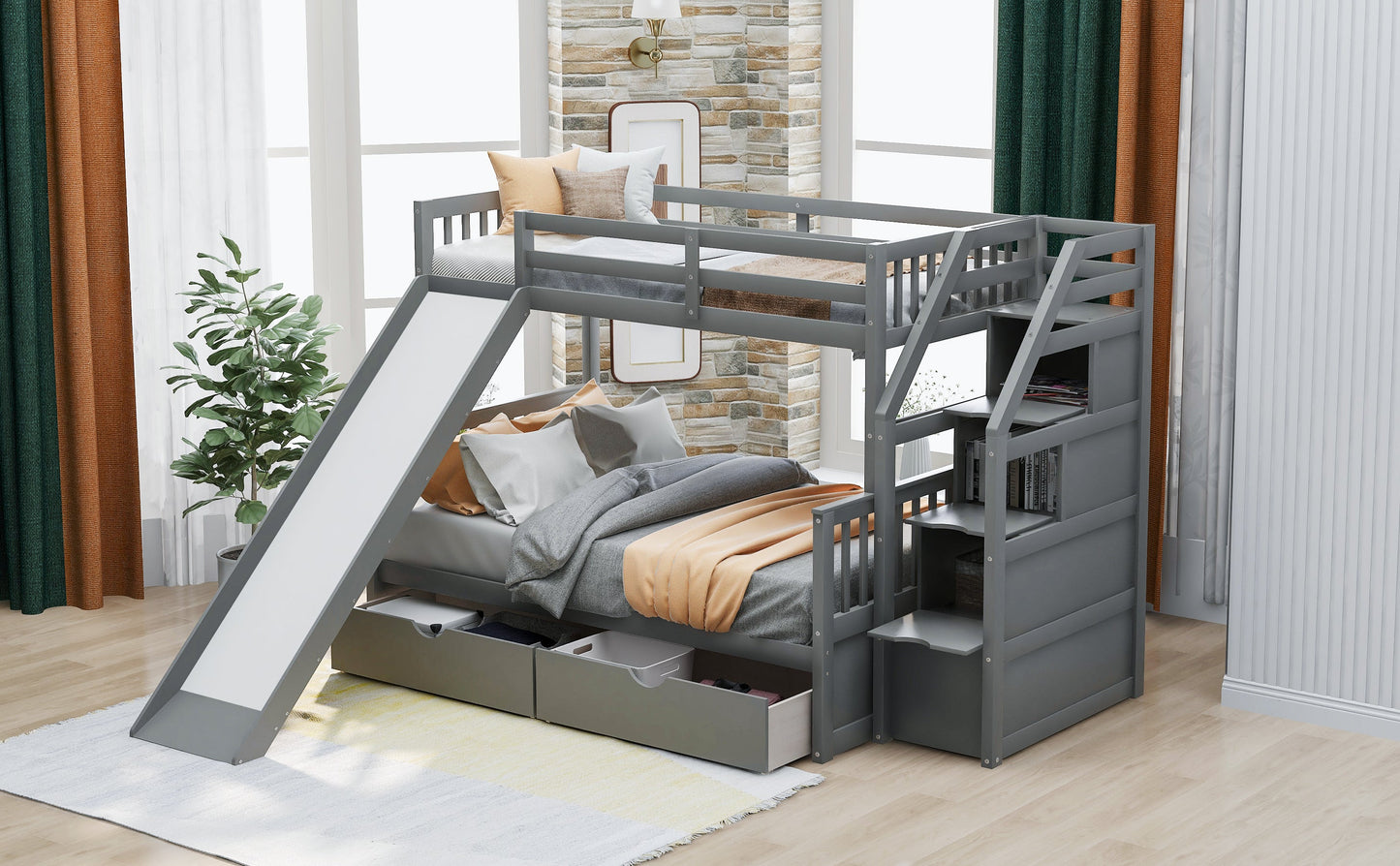 Lit superposé jumeau sur grand lit avec rangement et toboggan - Gris