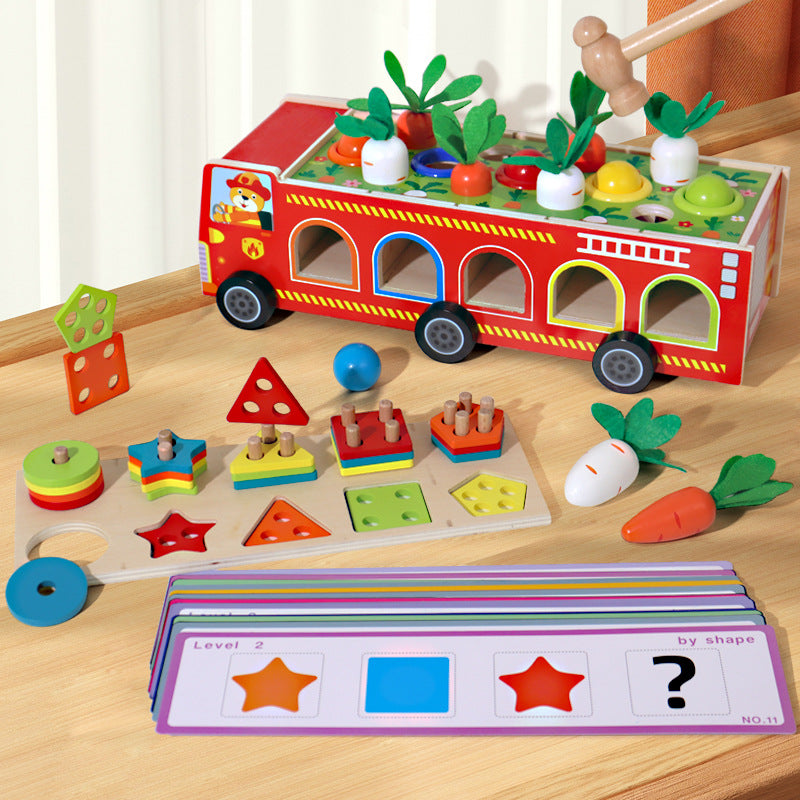 Children's early education puzzle multifunctional four in one knock ball, pull radish, cover column, fire truck, Montessori toy - Korvel
