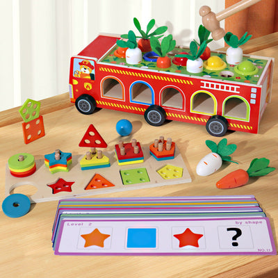 Children's early education puzzle multifunctional four in one knock ball, pull radish, cover column, fire truck, Montessori toy - Korvel