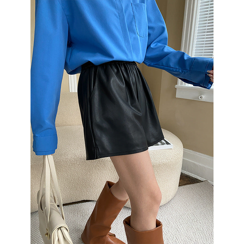 Loose A-line wide leg elastic short leather pants - Korvel