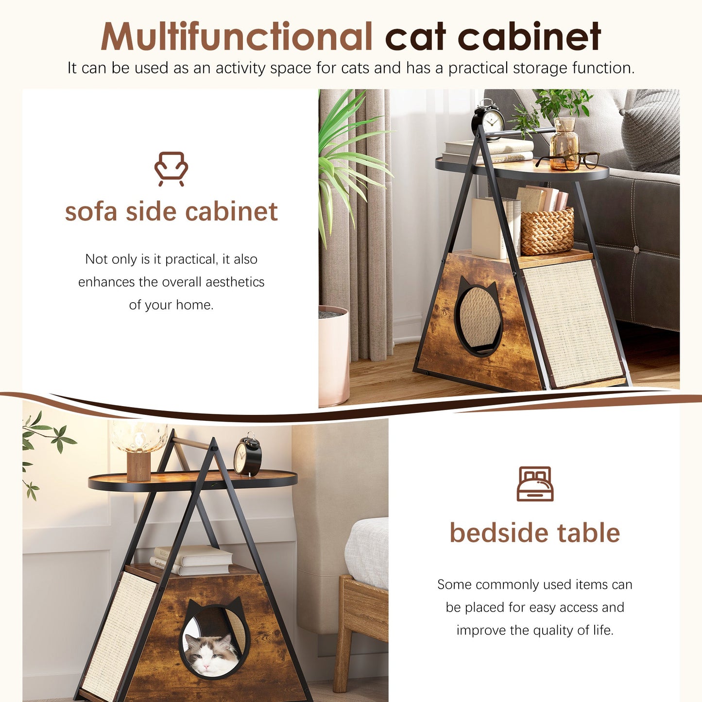 Vintage Black Wood Cat Condo & End Table