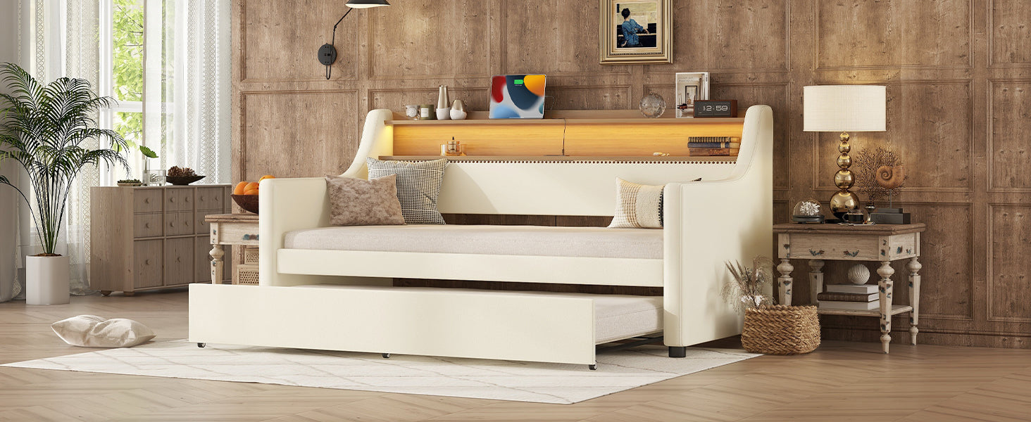 Twin Size Daybed with Trundle, Upholstered Daybed with Charging Station and LED Lights, White - Korvel