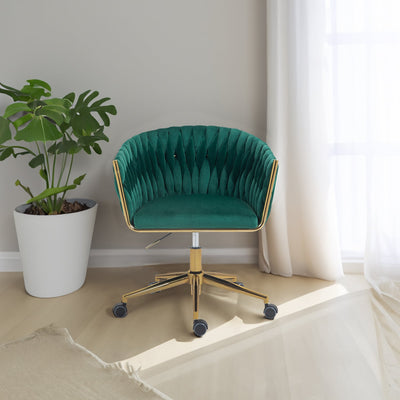 Modern Green Hand-Woven Armchair with Wheels and Adjustable Height