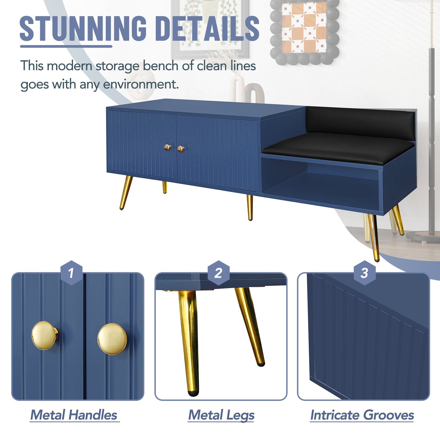 Modern Navy Shoe Storage Bench with Hidden Storage & Cushions