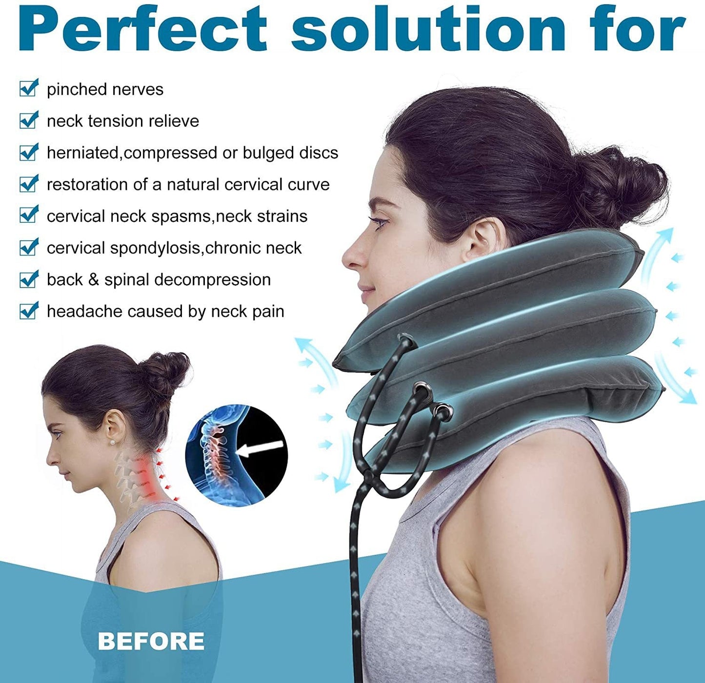 Cervical Traction Device Neck Support Pillow Inflatable Adjustable Neck Stretcher Three-Layer Inflatable Neck Pillow - Korvel