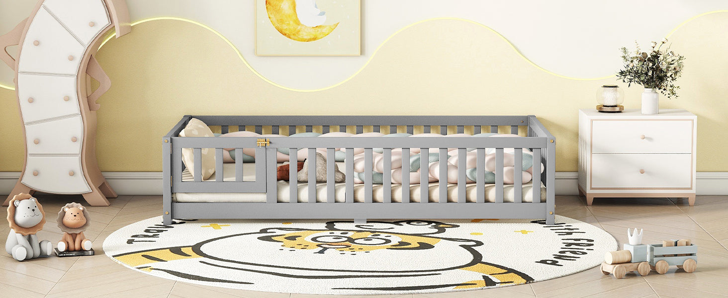Twin Size Bed Floor Bed with Safety Guardrails and Door for Kids, Gray - Korvel
