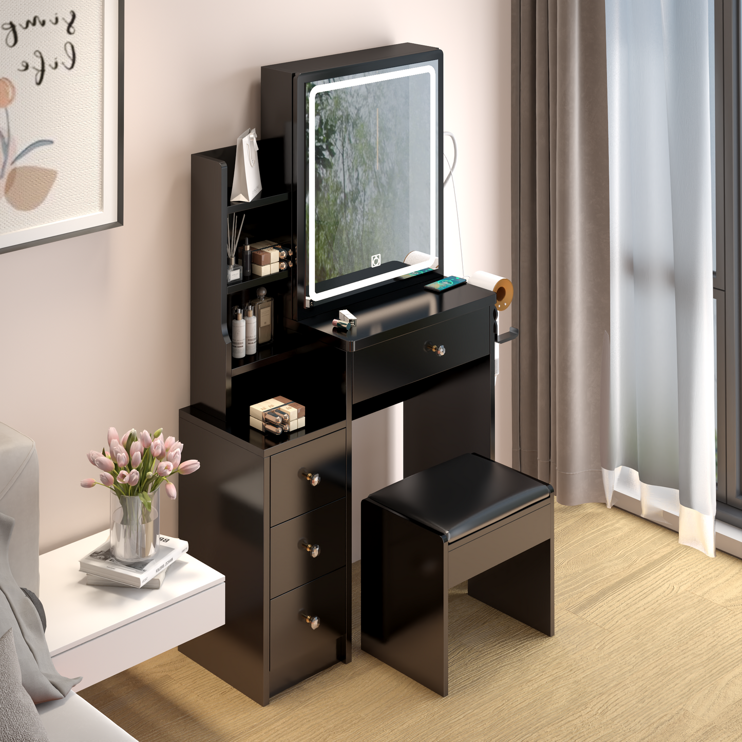 Elegant Dressing Table with Cushioned Stool and LED Mirror