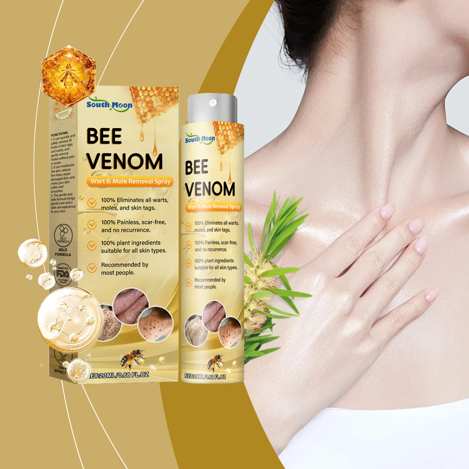 Bee Venom Wart & Mole Removal Spray, Gentle Cleansing Skin Moisturizing Moisturizing Smooth Skin Care - Korvel