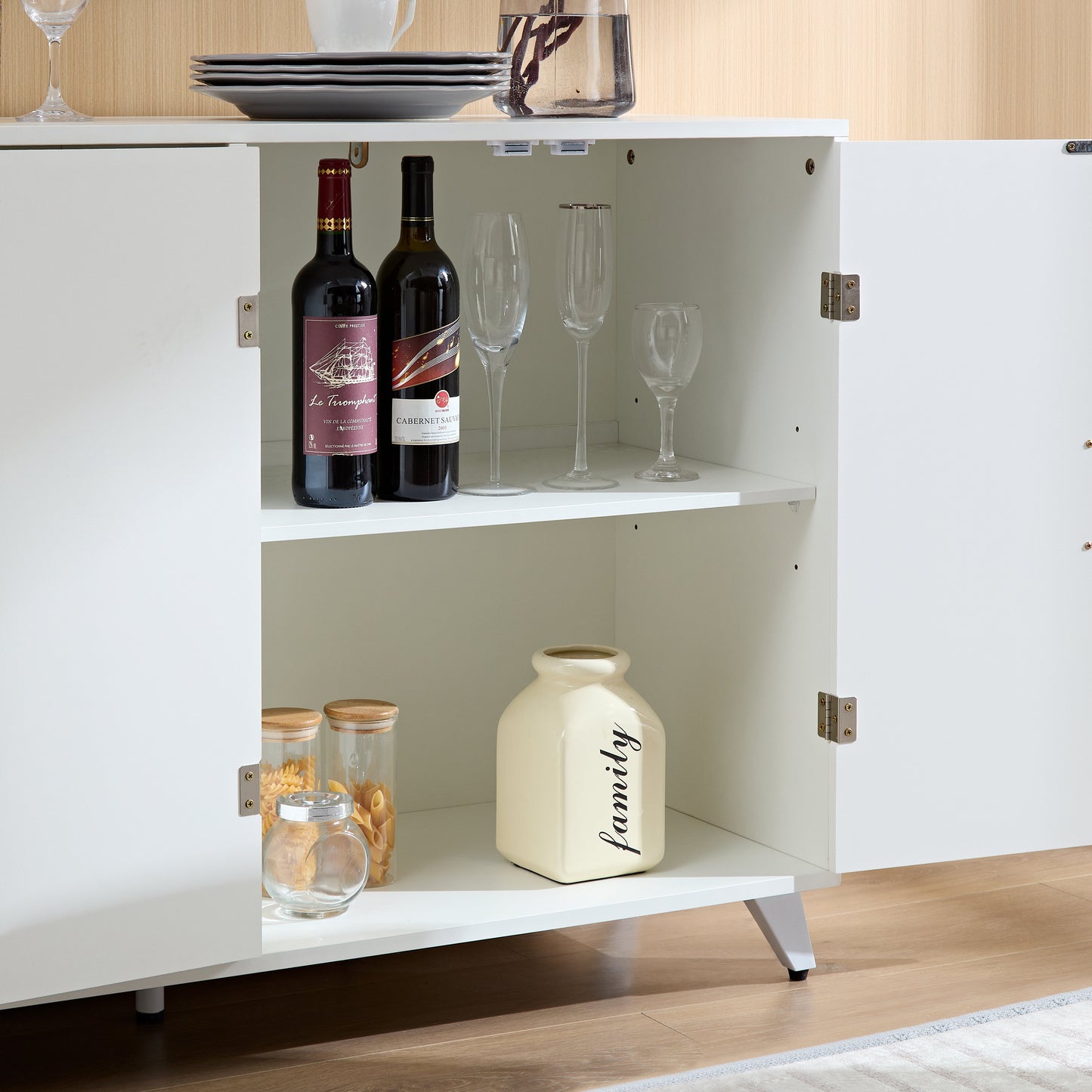 Elegant Ivory White Sideboard Buffet Cabinet with 4 Doors