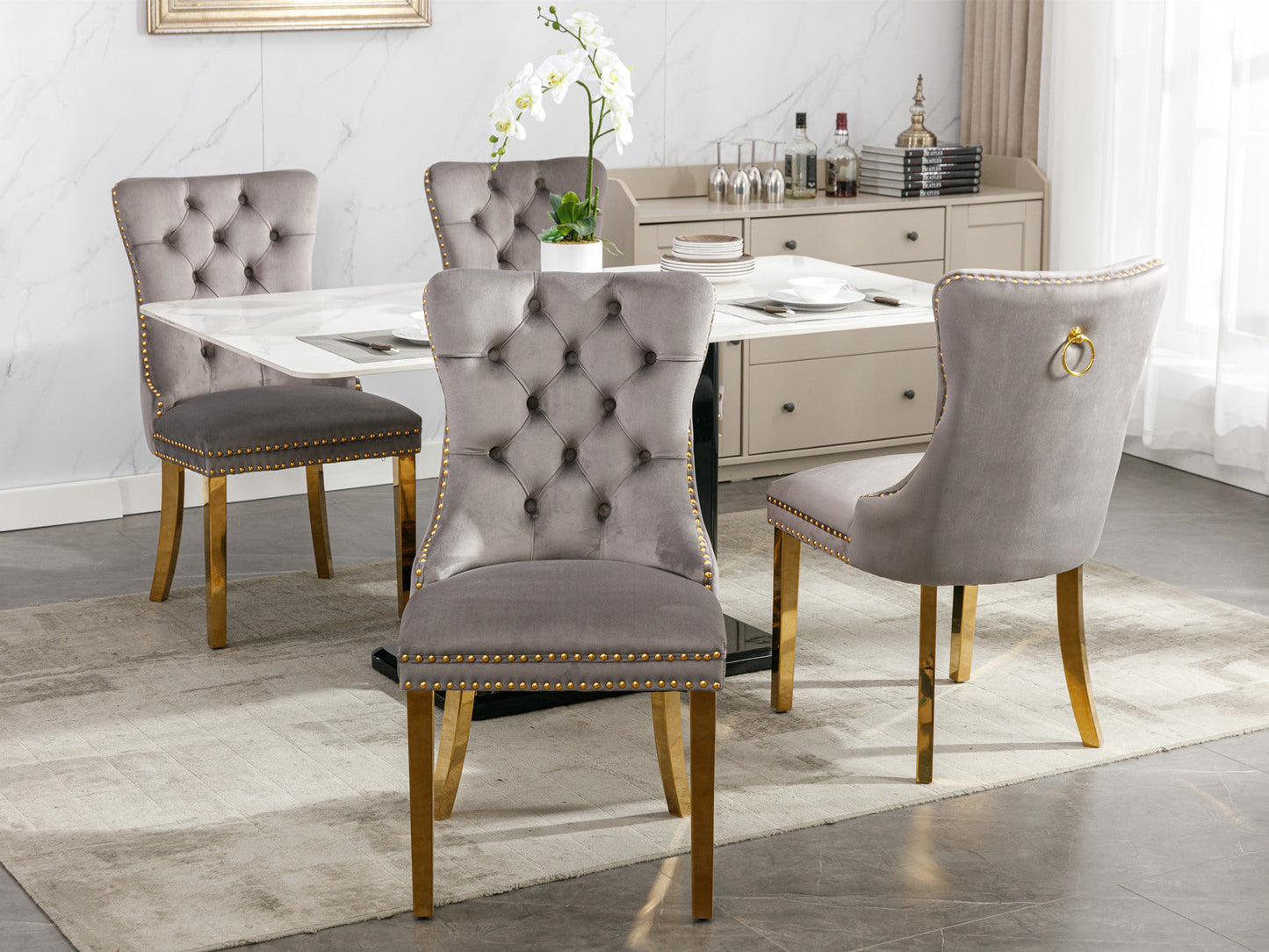 Tufted solid wood velvet cushioned dining chair, gold-plated stainless steel nail leg heads, 2 pieces in gray and gold - Korvel