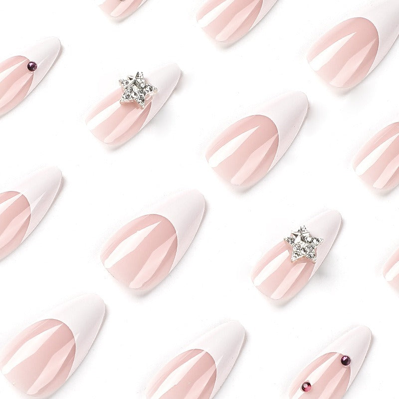 Wearable nails white French style wearable nails finished silver three-dimensional five-pointed star nail stickers wearable - Korvel