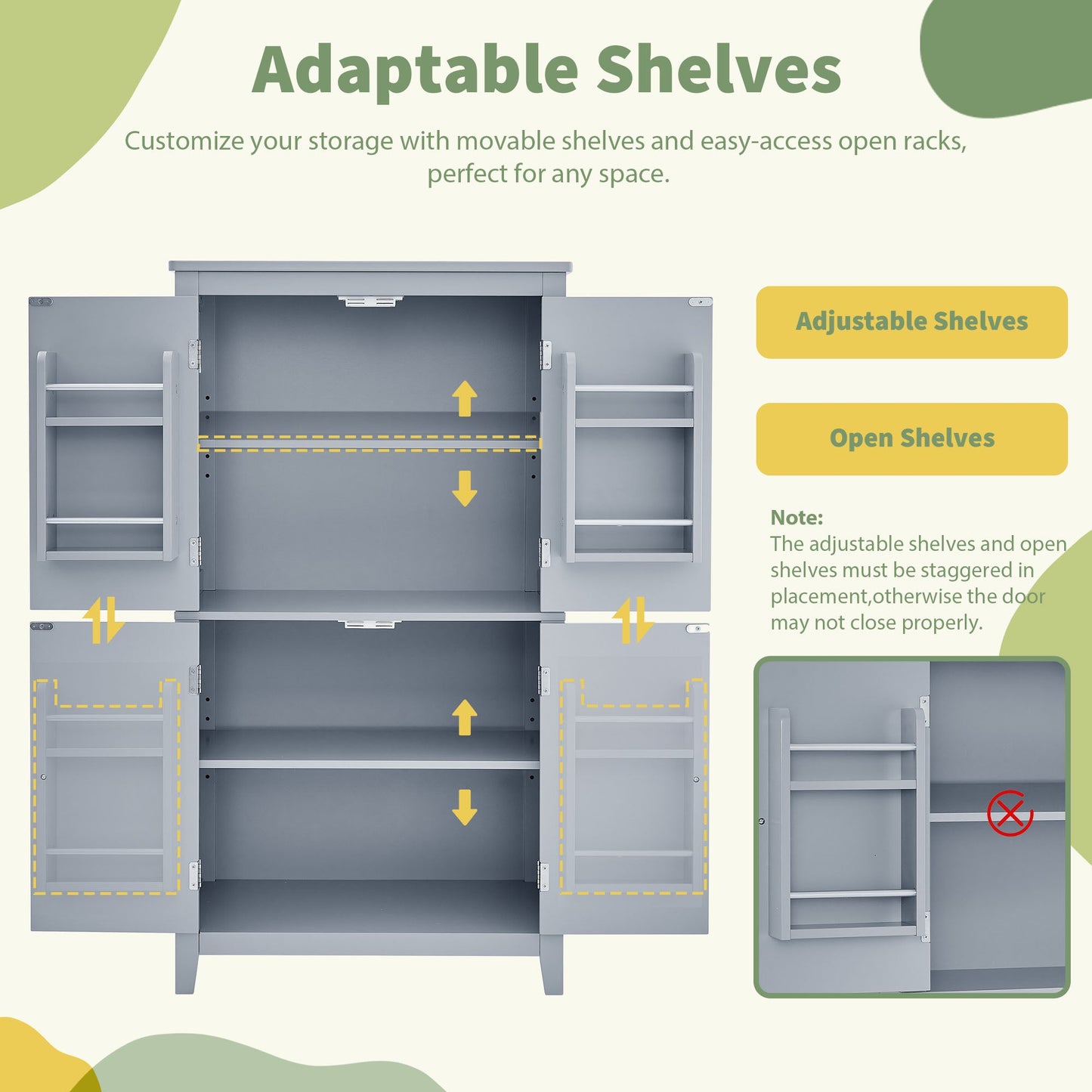 Bathroom floor storage cabinet, bathroom storage cabinet, 4-door independent cabinet, adjustable shelf, adaptive shelf, gray - Korvel