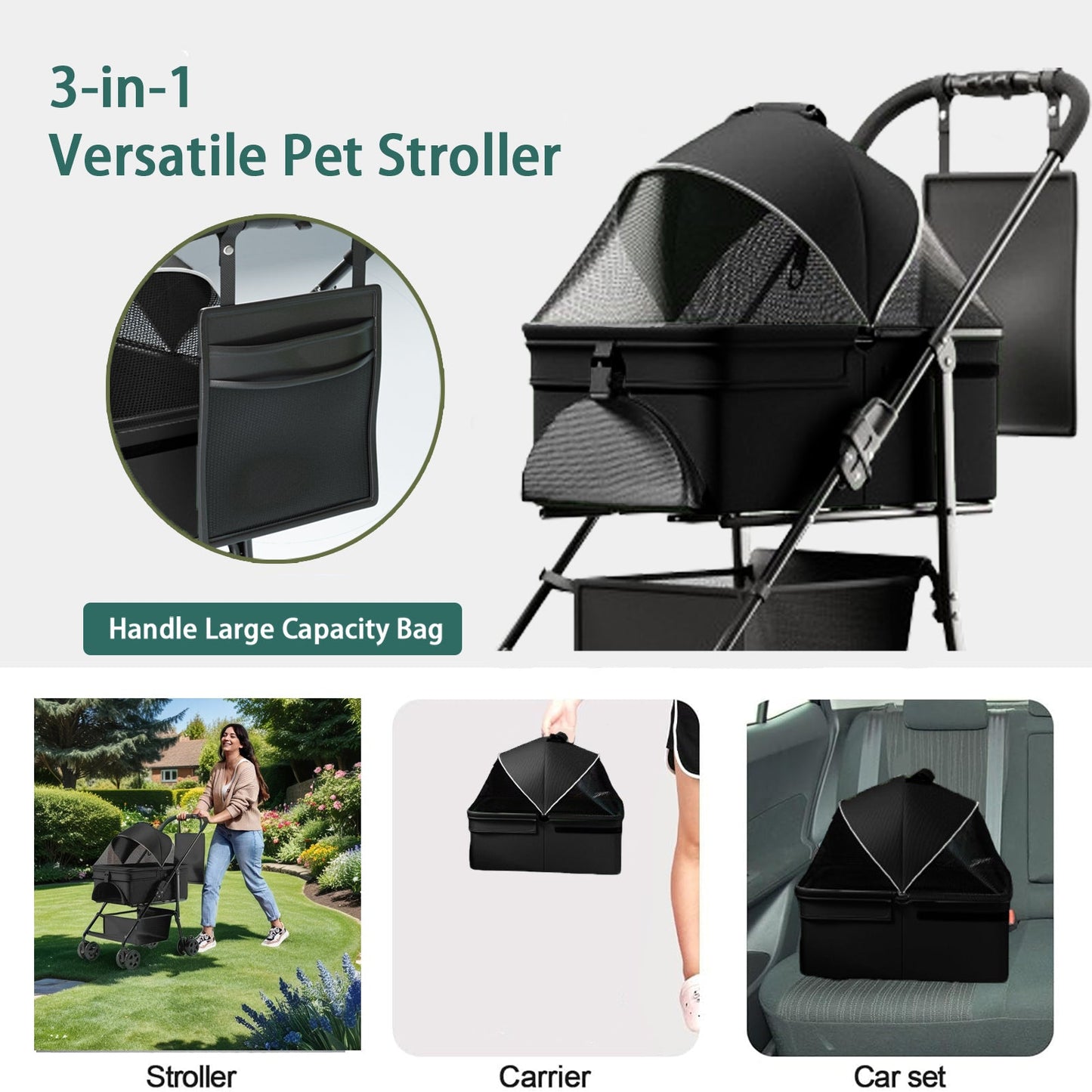 Poussette pour chien 2-en-1 pliable avec transporteur amovible