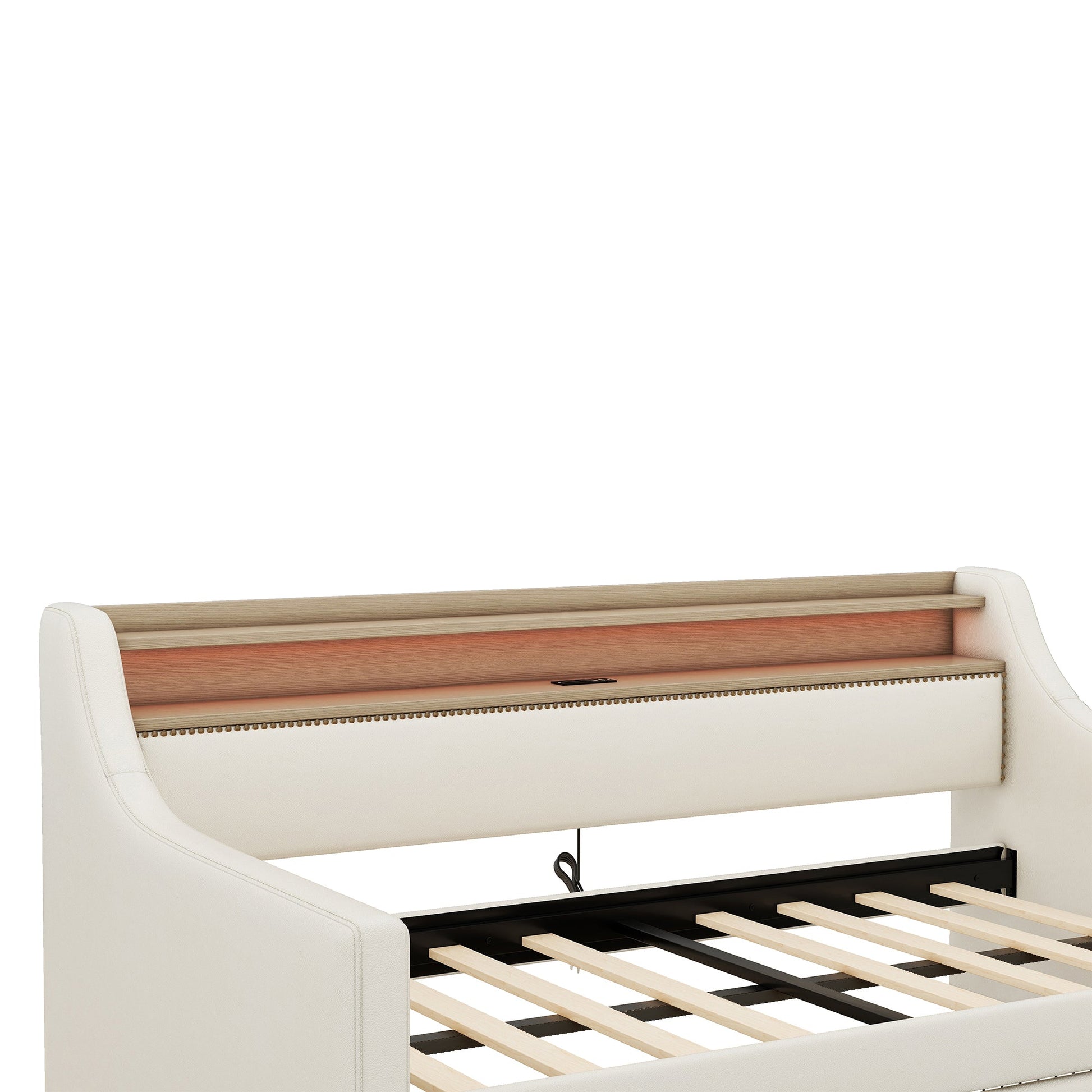 Twin Size Daybed with Storage Drawers, Upholstered Daybed with Charging Station and LED Lights, Beige - Korvel