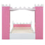 Lit jumeau en bois en forme de château avec étagère de rangement en rose et blanc