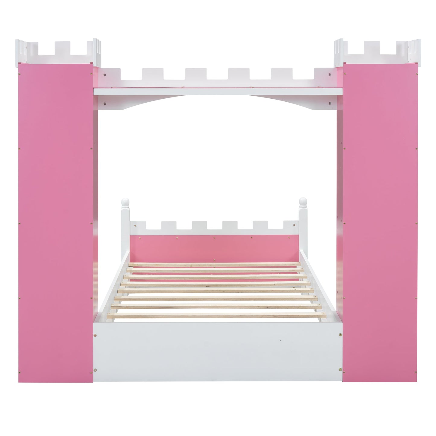 Lit jumeau en bois en forme de château avec étagère de rangement en rose et blanc
