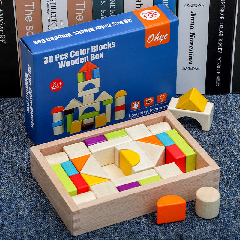 Wooden box packed building blocks, shape recognition, creativity, assembly thinking, exercise, color recognition, early education, interactive wooden toys - Korvel