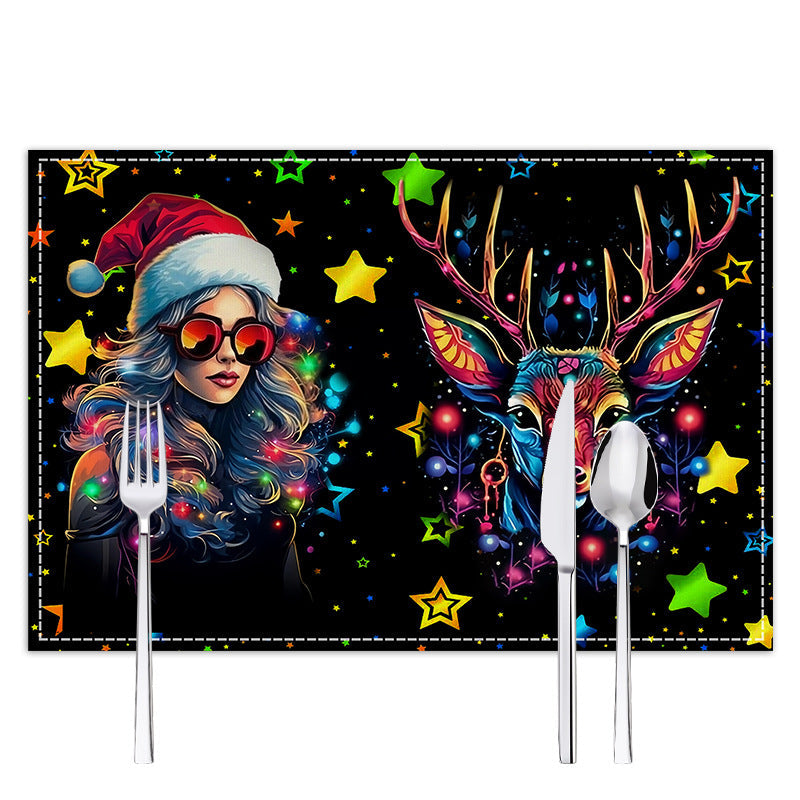 Christmas table mat with white linen starry sky and Santa Claus print - Korvel