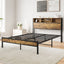 Full Size Bed Frame with Storage Headboard Metal Platform Bed with Charging Station Black - Korvel