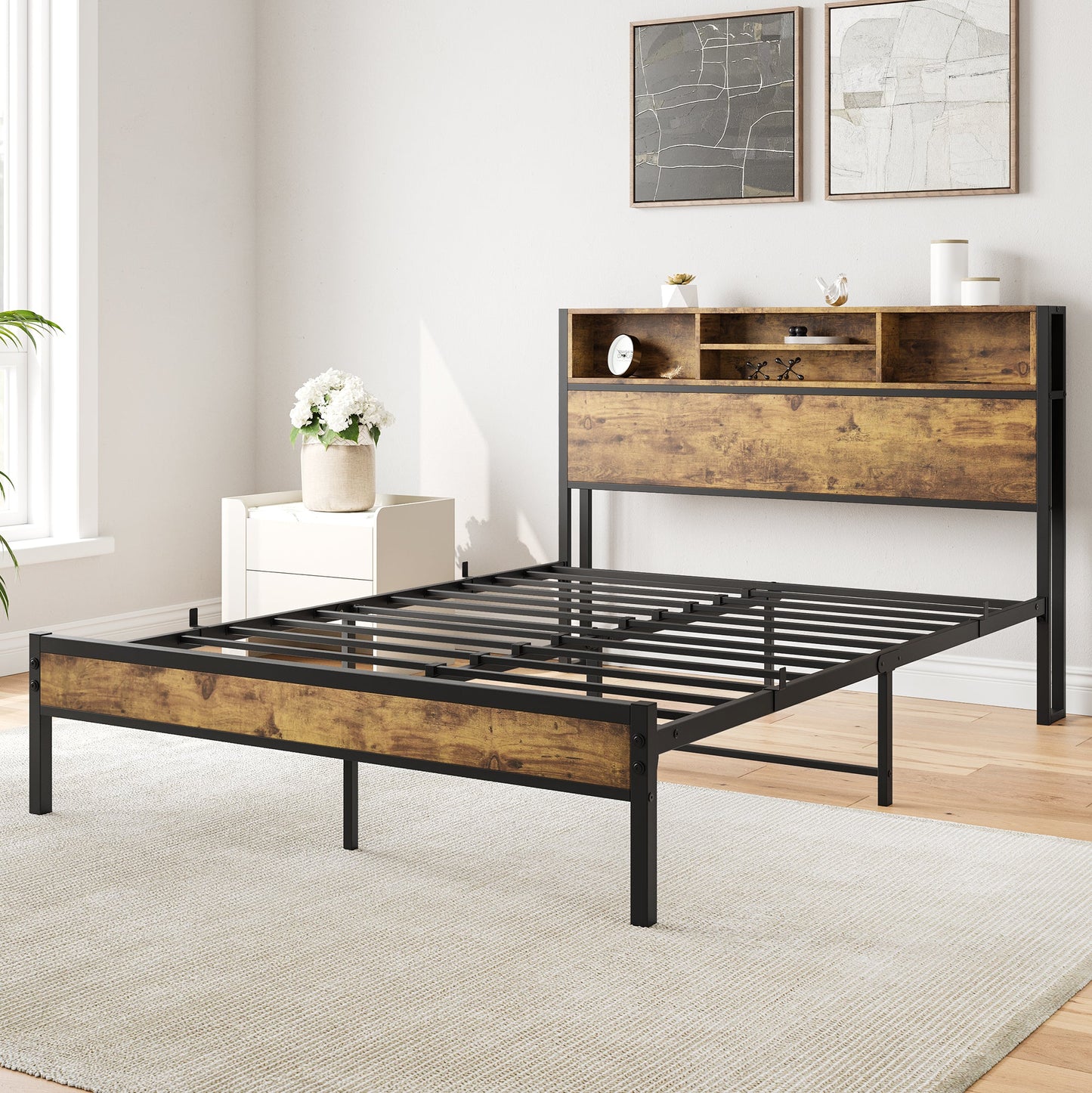 Full Size Bed Frame with Storage Headboard Metal Platform Bed with Charging Station Black - Korvel