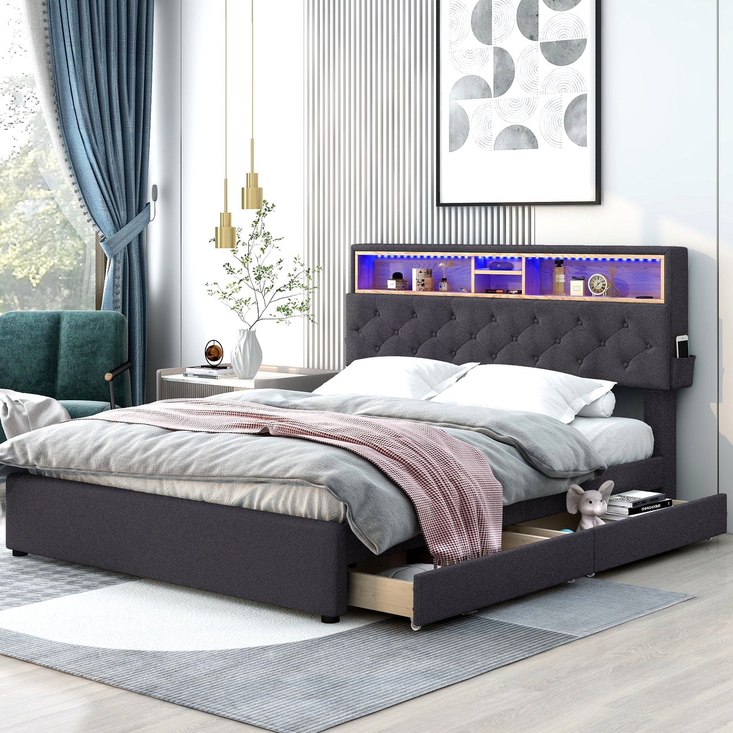 Queen Size Upholstered Platform Bed with Storage & LED, Dark Gray