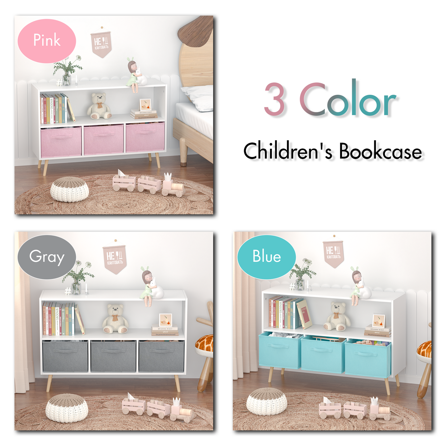 Kids bookcase with Collapsible Fabric Drawers Children's Book Display Toy Storage Cabinet Organizer White/Blue - Korvel
